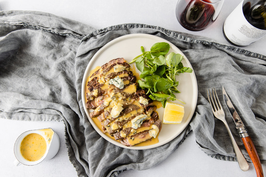 Grilled steak with Pyengana St Columba Blue Cheese Sauce 