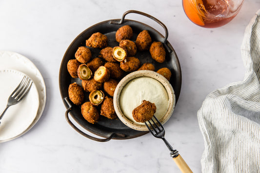 Stuffed Green Olives with Cheddar and Wasabi Cream